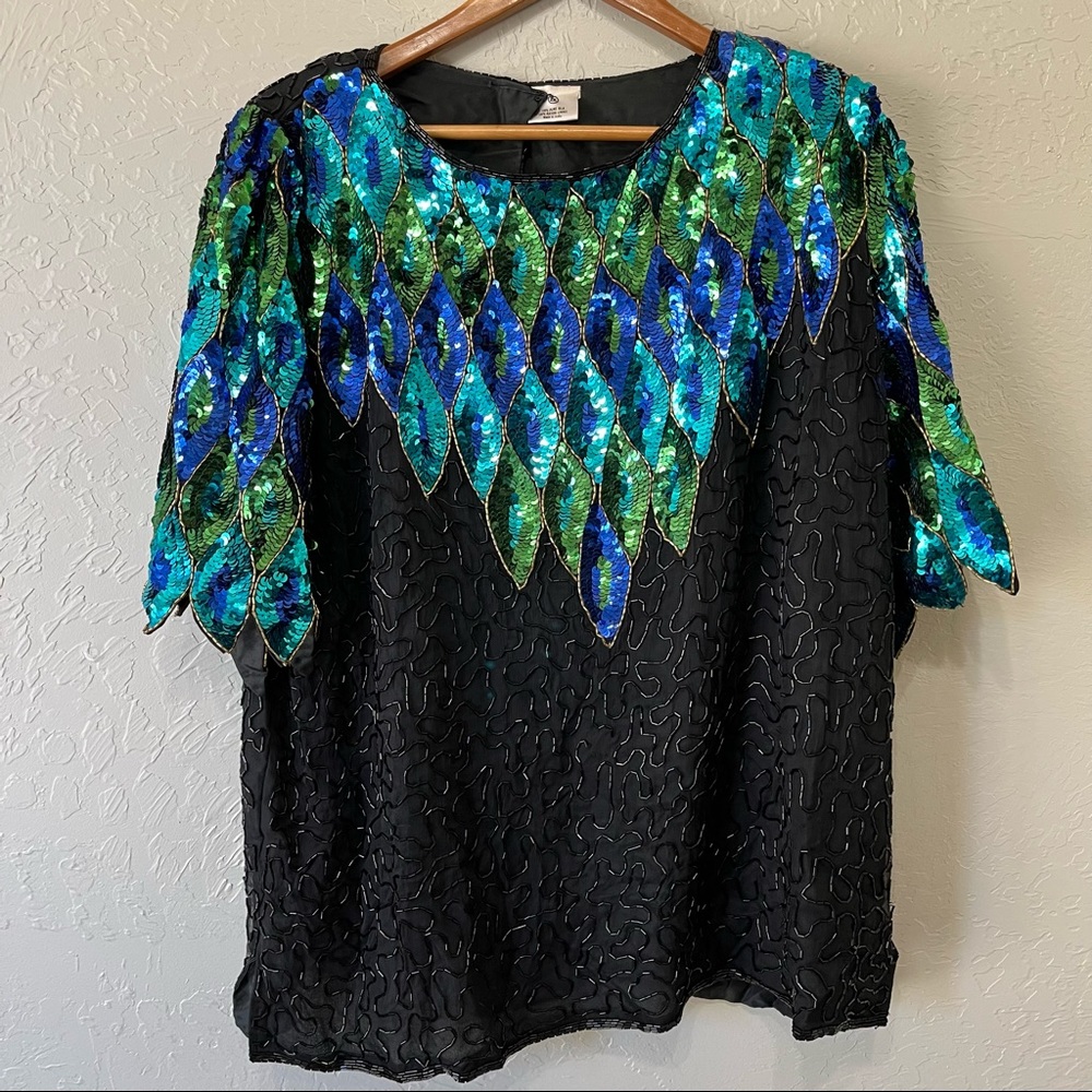 Vintage Sequin 100% Silk Peacock Green Blue Top Blouse